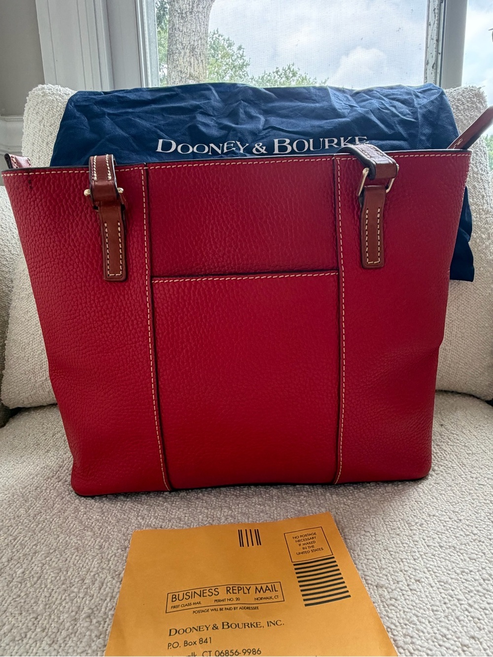 Dooley & Bourke Red Pebbled Leather Shoulder Tote with Brown Trim - Picture 2 of 16